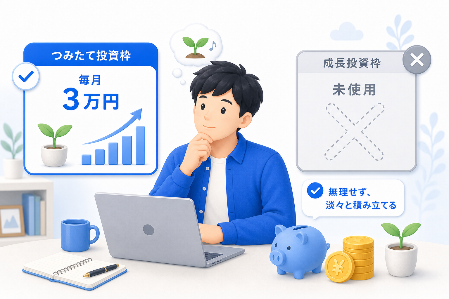 成長投資枠は使わず、つみたて投資枠だけで積み立てているのイメージ図